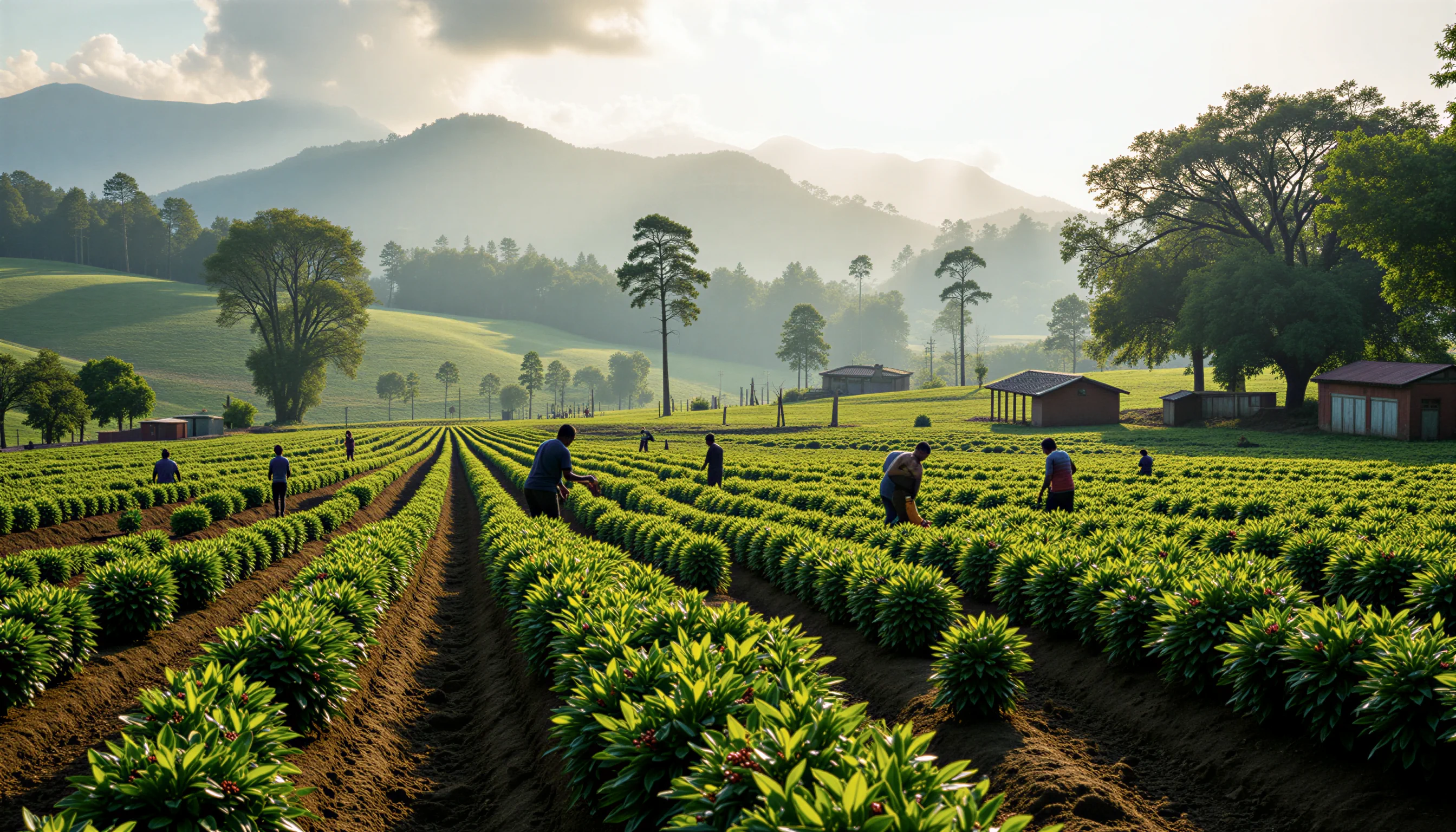 A verdant coffee plantation across tropical hills