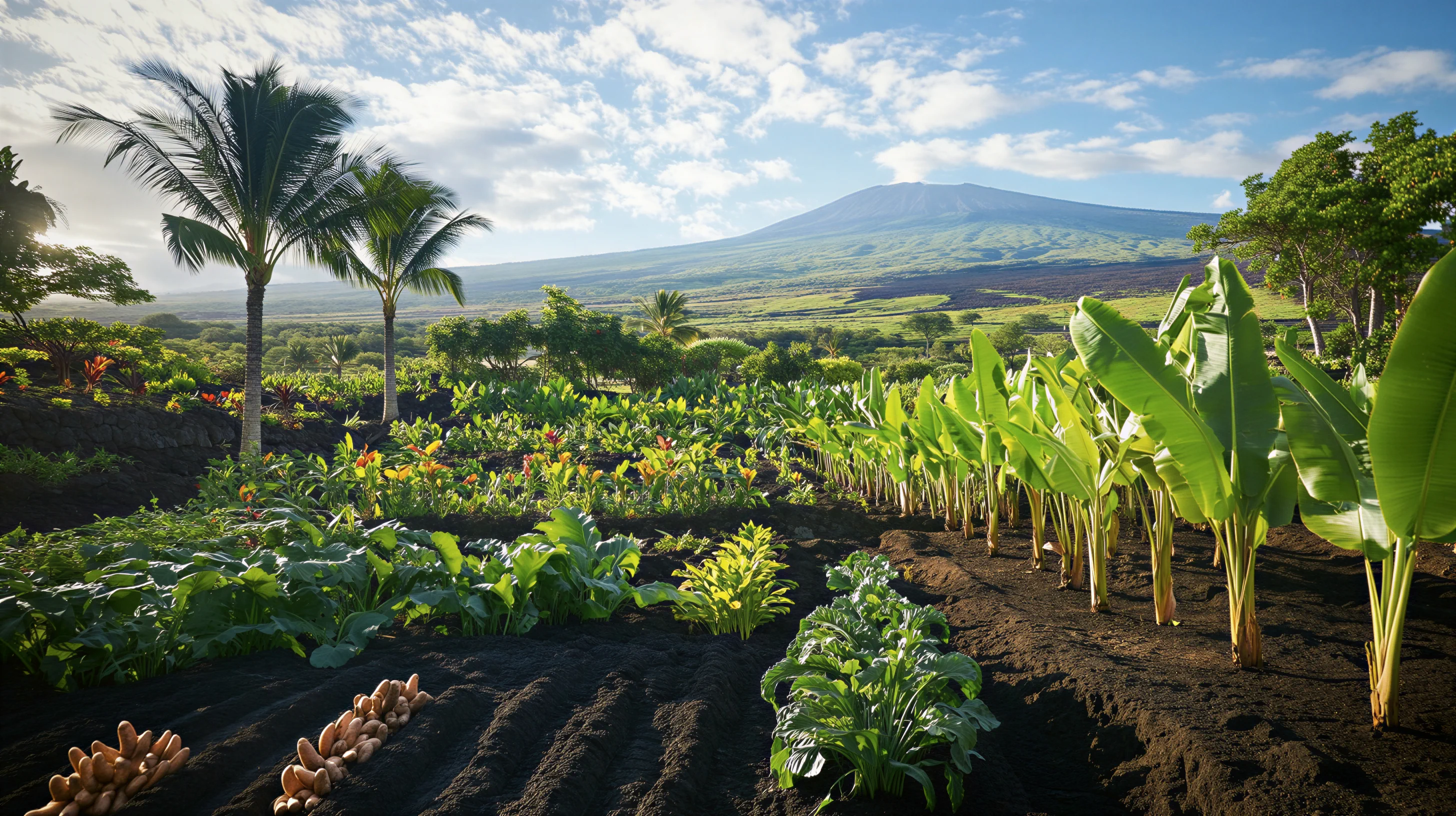 Tropical agricultural land across green hills